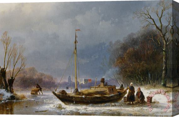 Andreas Schelfhout A Wintry Scene with Figures Near a Boat on The Ice Stretched Canvas Print / Canvas Art