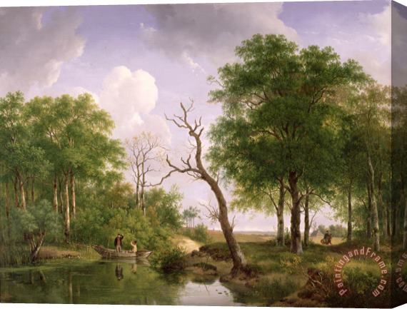 Andreas Schelfhout A Wooded River Landscape With Sportsmen In A Rowing Boat Stretched Canvas Painting / Canvas Art