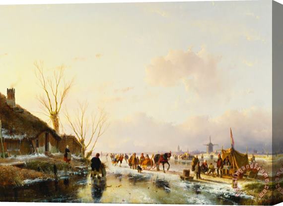 Andreas Schelfhout Skaters By A Booth On A Frozen River Stretched Canvas Painting / Canvas Art