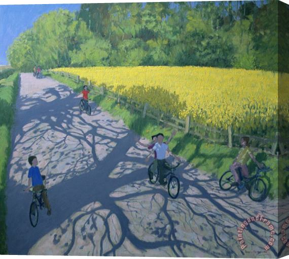 Andrew Macara Cyclists and Yellow Field Stretched Canvas Print / Canvas Art