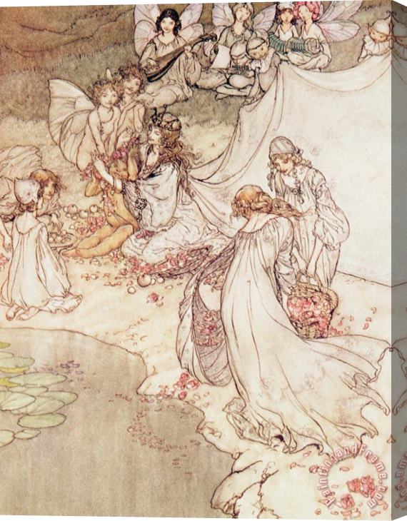 Arthur Rackham Illustration For A Fairy Tale Fairy Queen Covering A Child With Blossom Stretched Canvas Print / Canvas Art