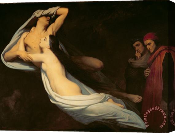 Ary Scheffer The figures of Francesca da Rimini and Paolo da Verrucchio appear to Dante and Virgil Stretched Canvas Print / Canvas Art