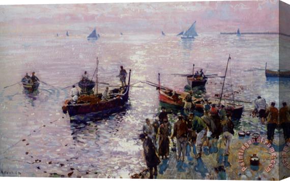 Attilio Pratella Loading The Boats at Dawn Stretched Canvas Painting / Canvas Art