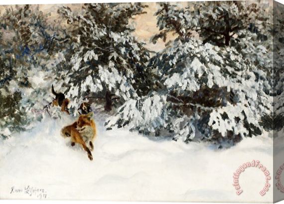 Bruno Liljefors Winter Landscape with Fox And Hounds Stretched Canvas Print / Canvas Art