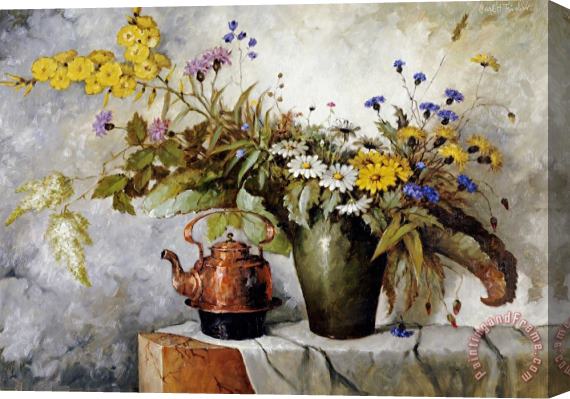 Carl H. Fischer Cornflowers, Daisies And Other Flowers in a Vase Stretched Canvas Painting / Canvas Art