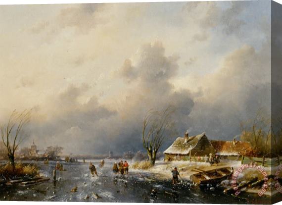 Charles Henri Joseph Leickert A Frozen Waterway with Skaters by a Cottage Stretched Canvas Painting / Canvas Art