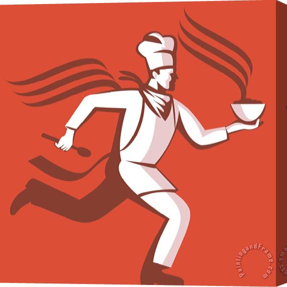 Collection 10 Chef Cook Baker Running With Soup Bowl Stretched Canvas Print / Canvas Art