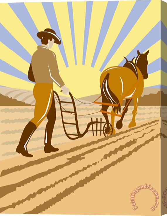 Collection 10 Farmer and Horse plowing Stretched Canvas Painting / Canvas Art