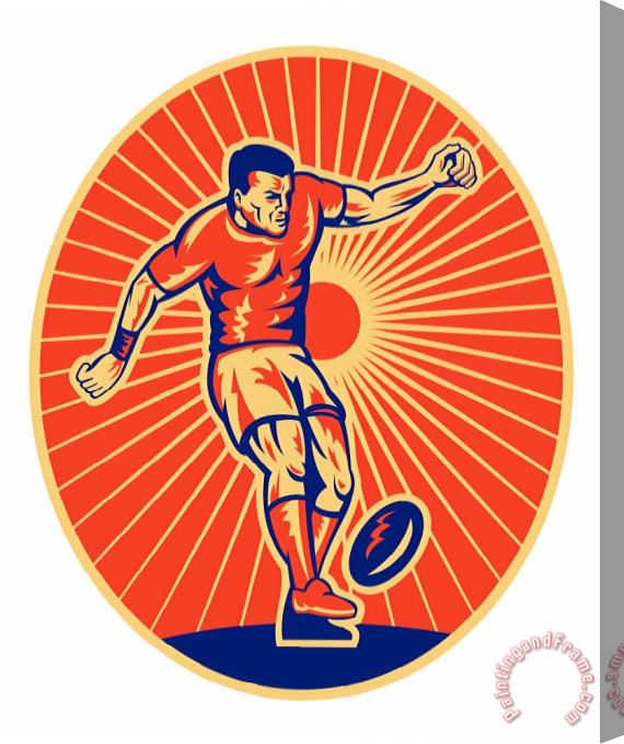 Collection 10 Rugby Player Kicking Ball Woodcut Stretched Canvas Print / Canvas Art