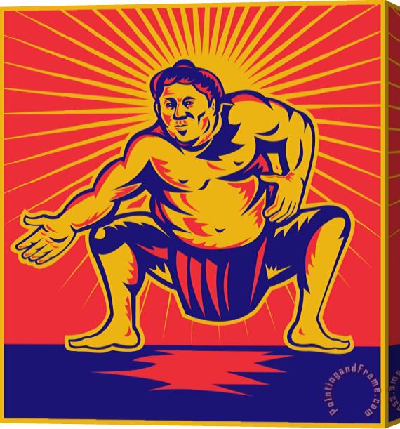 Collection 10 Sumo wrestler crouching retro woodcut Stretched Canvas Painting / Canvas Art