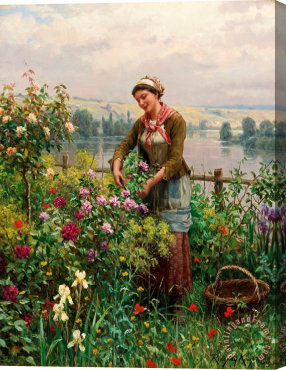 Daniel Ridgway Knight In The Garden Stretched Canvas Print / Canvas Art