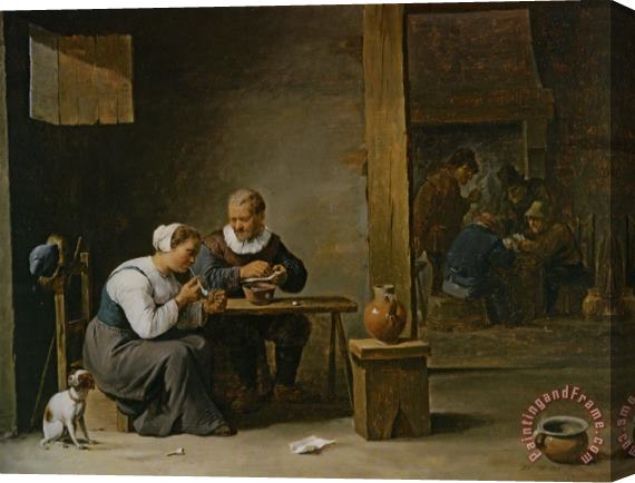 David the younger Teniers A Man And Woman Smoking a Pipe Seated in an Interior with Peasants Playing Cards on a Table Stretched Canvas Painting / Canvas Art