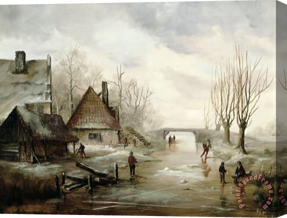 Dutch School A Winter Landscape with Figures Skating Stretched Canvas Painting / Canvas Art