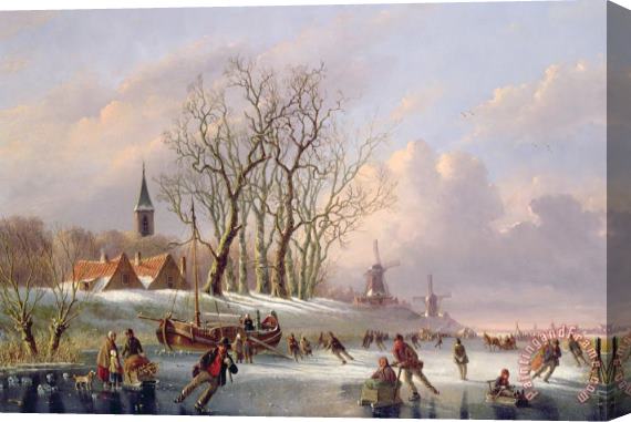 Dutch School Skaters on a Frozen River before Windmills Stretched Canvas Print / Canvas Art