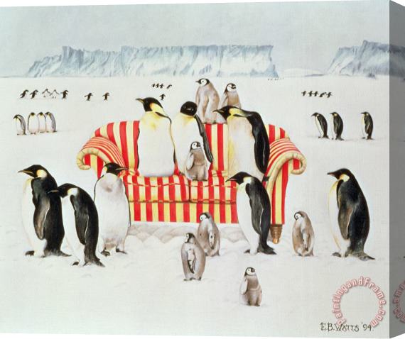 EB Watts Penguins On A Red And White Sofa Stretched Canvas Print / Canvas Art