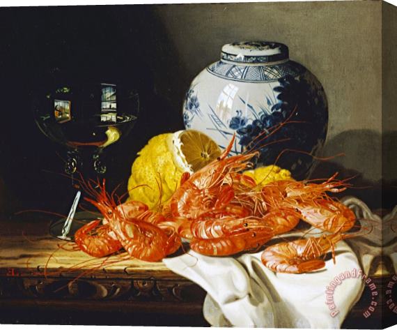 Edward Ladell Shrimps, a Peeled Lemon, a Glass of Wine Stretched Canvas Print / Canvas Art