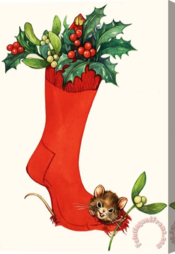 English School Mouse In A Christmas Sock Stretched Canvas Painting / Canvas Art