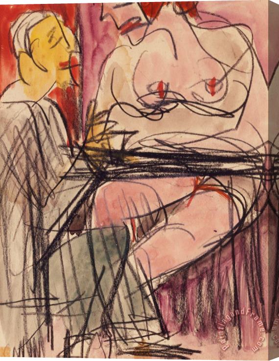 Ernst Ludwig Kirchner Female Nude And Man Sitting At A Table Stretched Canvas Painting / Canvas Art