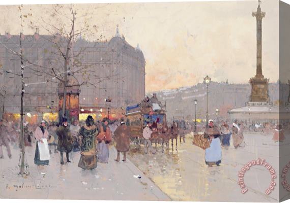 Eugene Galien-Laloue Figures in the Place de la Bastille Stretched Canvas Painting / Canvas Art
