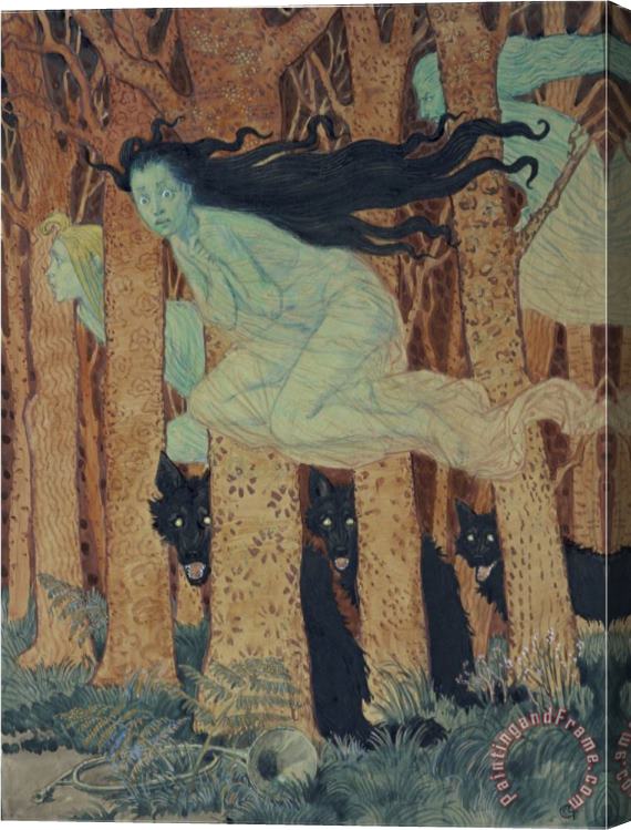 Eugene Grasset Three Women And Three Wolves Stretched Canvas Painting / Canvas Art