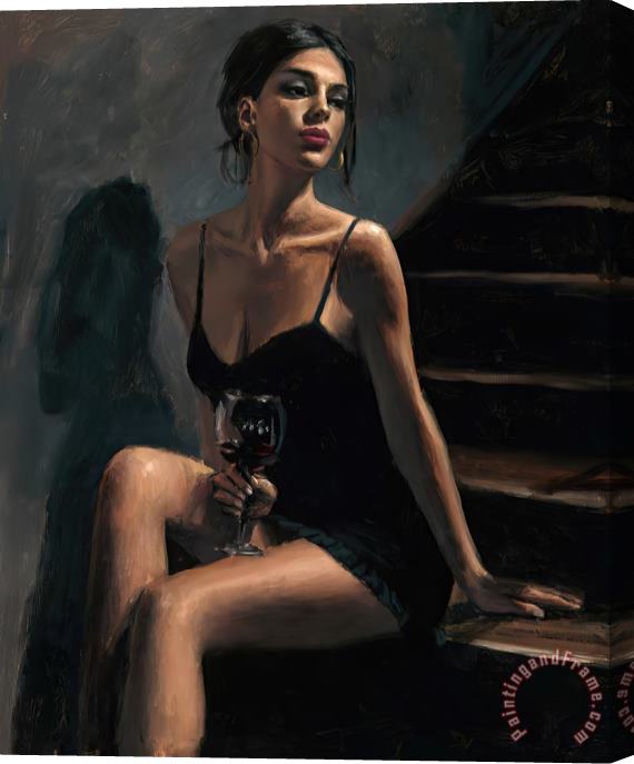 Fabian Perez Girl with Red at Stairs II Stretched Canvas Painting / Canvas Art