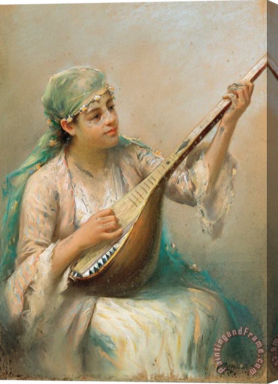 Fausto Zonaro Woman Playing a String Instrument Stretched Canvas Painting / Canvas Art