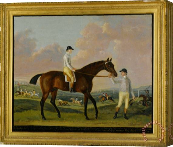 Francis Sartorius Portrait of Henry Comptons Race Horse Cottager Held by a Groom with Jockey And a Race Beyond Stretched Canvas Painting / Canvas Art