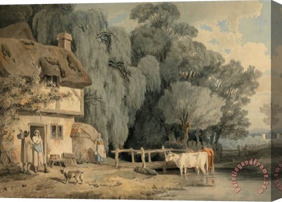 Francis Wheatley Country Scene Figures by a Cottage Door And Cattle in a Stream Stretched Canvas Painting / Canvas Art