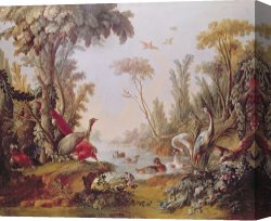 Bellano on Lake Como Canvas Prints - Lake with geese storks parrots and herons by Francois Boucher