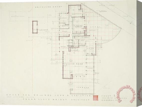 Frank Lloyd Wright John E. Christian House (general Plan), West Lafayette, Indiana. Stretched Canvas Painting / Canvas Art