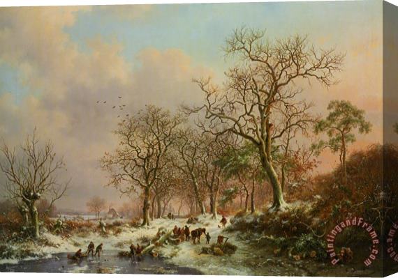 Frederik Marianus Kruseman Wood Gatherers in a Winter Landscape with a Castle Beyond Stretched Canvas Painting / Canvas Art