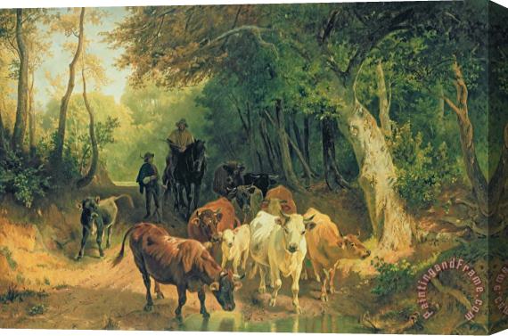 Friedrich Johann Voltz Cattle Watering In A Wooded Landscape Stretched Canvas Painting / Canvas Art