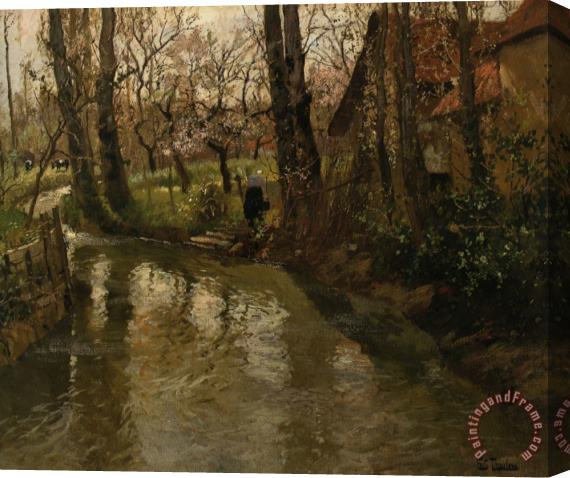 Fritz Thaulow Stream Through a Village Stretched Canvas Painting / Canvas Art