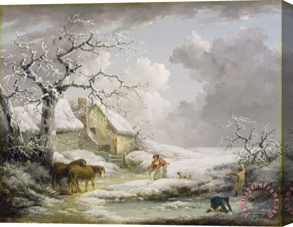 George Morland Winter Landscape with Men Snowballing an Old Woman Stretched Canvas Painting / Canvas Art