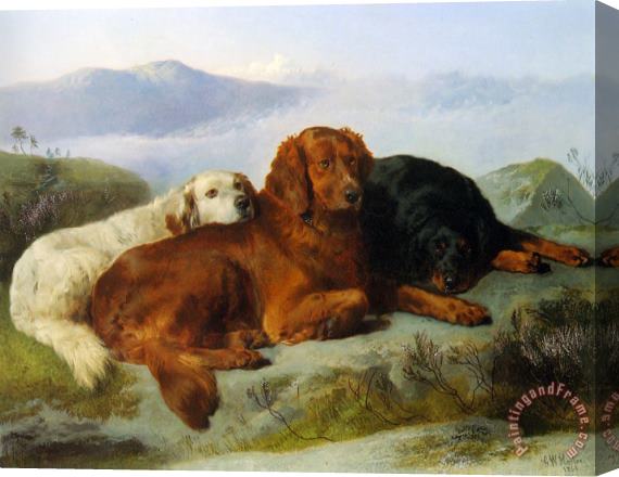 George W. Horlor A Golden Retriever, Irish Setter, And a Gordon Setter in a Mountainous Landscape Stretched Canvas Painting / Canvas Art