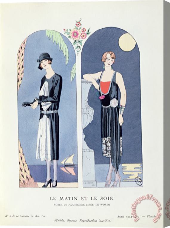 Georges Barbier Day And Night Plate 47 From La Gazette Du Bon Ton Depicting Day And Evening Dresses 1924 25 Stretched Canvas Painting / Canvas Art