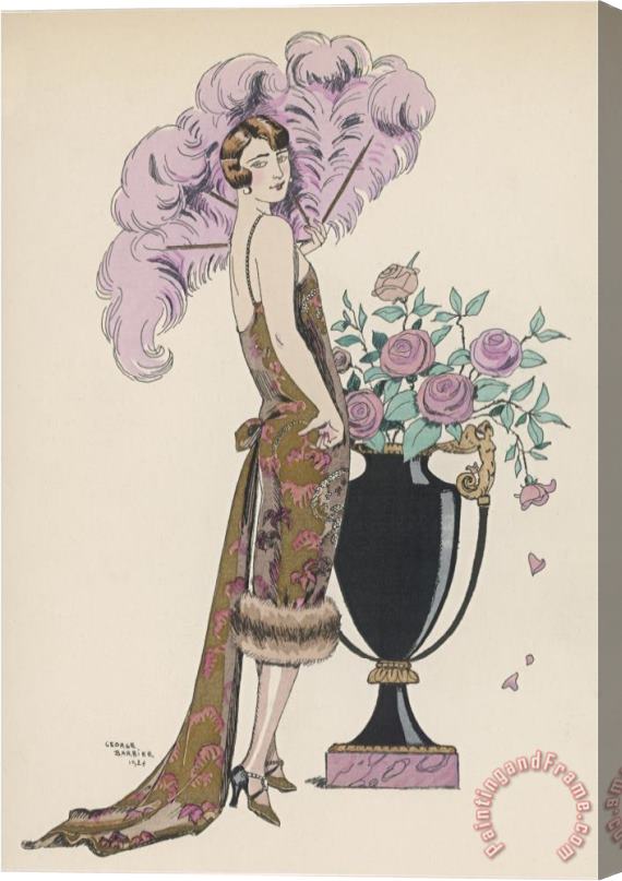 Georges Barbier Frock Fur And Feather Fan Stretched Canvas Print / Canvas Art
