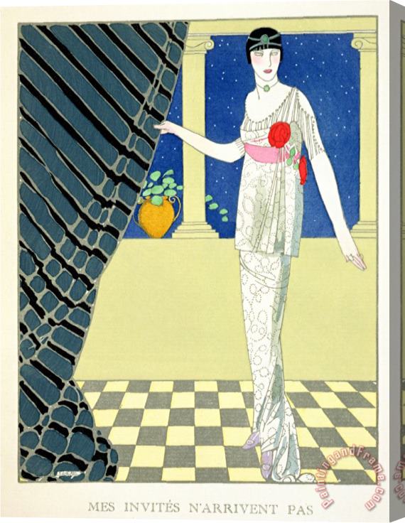 Georges Barbier My Guests Have Not Arrived Illustration of a Woman in a Dress by Redfern Stretched Canvas Print / Canvas Art