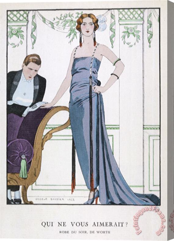 Georges Barbier Tubular Grey Evening Gown by Worth with Any Fullness Drawn Over One Hip Stretched Canvas Painting / Canvas Art