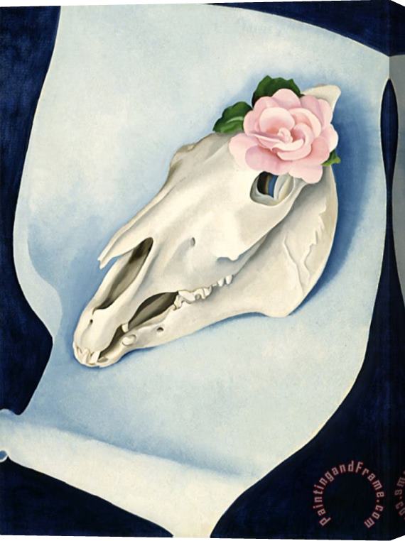 Georgia O'keeffe Horse S Skull with Pink Rose Stretched Canvas Painting / Canvas Art