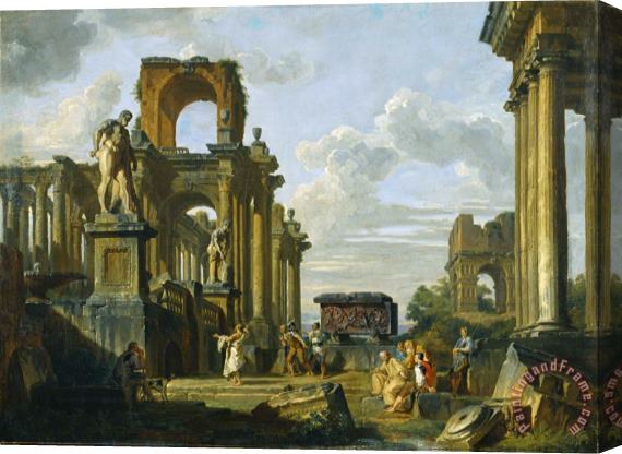 Giovanni Paolo Panini An Architectural Capriccio of The Roman Forum with Philosophers And Soldiers Among Ancient Ruins, In... Stretched Canvas Painting / Canvas Art