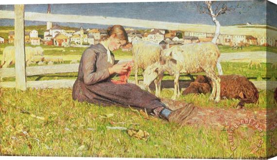 Giovanni Segantini A Girl Knitting Stretched Canvas Painting / Canvas Art