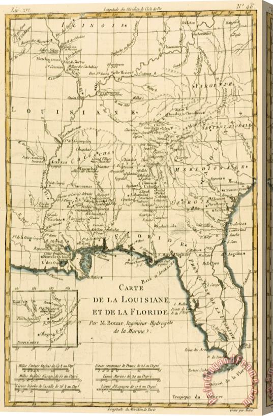 Guillaume Raynal Antique Map of Louisiana and Florida Stretched Canvas Print / Canvas Art