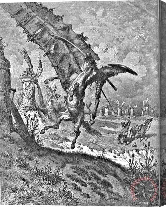 Gustave Dore Don Quixote Attacks The Windmill Engraving Stretched Canvas Print / Canvas Art
