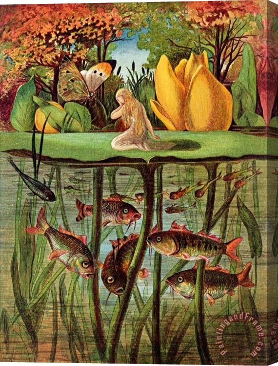 Hans Christian Andersen and Eleanor Vere Boyle Tommelise very desolate on the water lily leaf in 'Thumbkinetta' Stretched Canvas Painting / Canvas Art