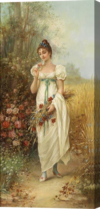 Hans Zatzka Circle Girl with Meadow Flowers And Roses Stretched Canvas Print / Canvas Art