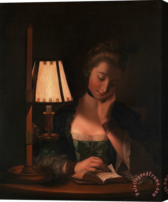 Henry Robert Morland Woman Reading by a Paper Bell Shade Stretched Canvas Print / Canvas Art