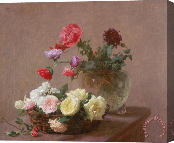 Ignace Henri Jean Fantin-Latour Poppies in a Crystal Vase - or Basket of Roses Stretched Canvas Painting / Canvas Art