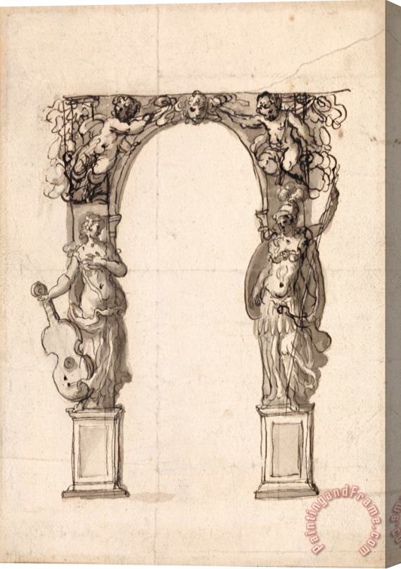 Inigo Jones Design for a Temporary Arch Ornamented with Putti And Allegorical Figures of Music And War Stretched Canvas Painting / Canvas Art