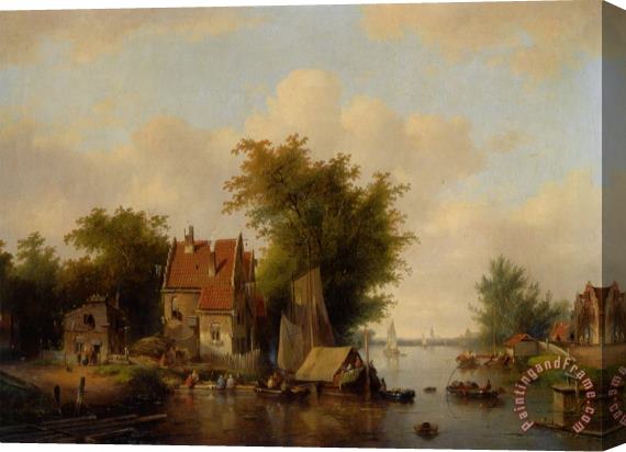 Jacobus Van Der Stok A River Landscape with Many Figures by a Village Stretched Canvas Painting / Canvas Art